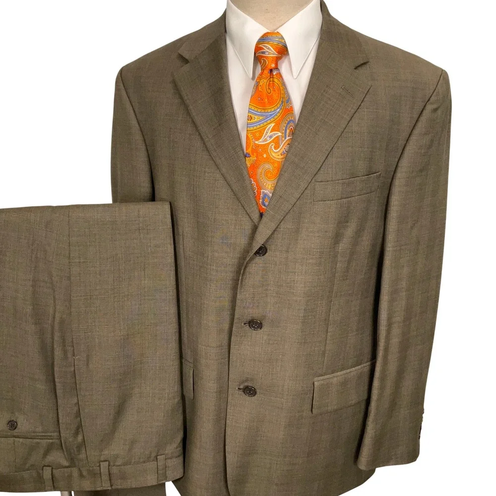 Nautica Suit Men 43R W37 Olive Brown Glen Plaid 3-Button Wool  Unhemmed